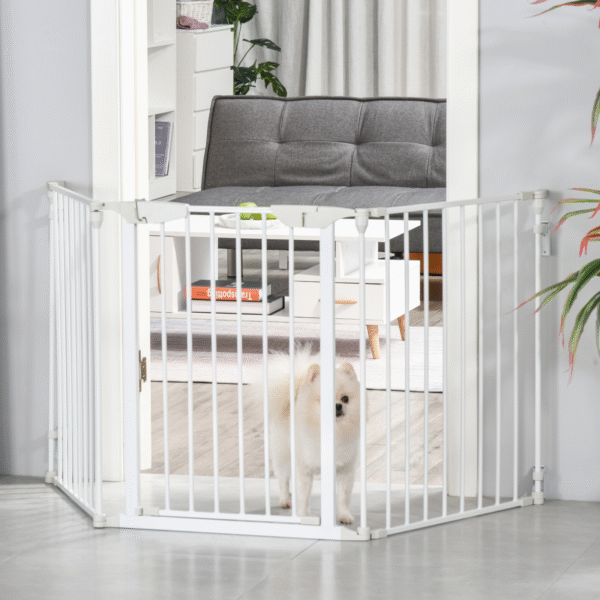 Pet Safety Gate 3-Panel Playpen, Foldable Metal Fence, Walk-Through Door White