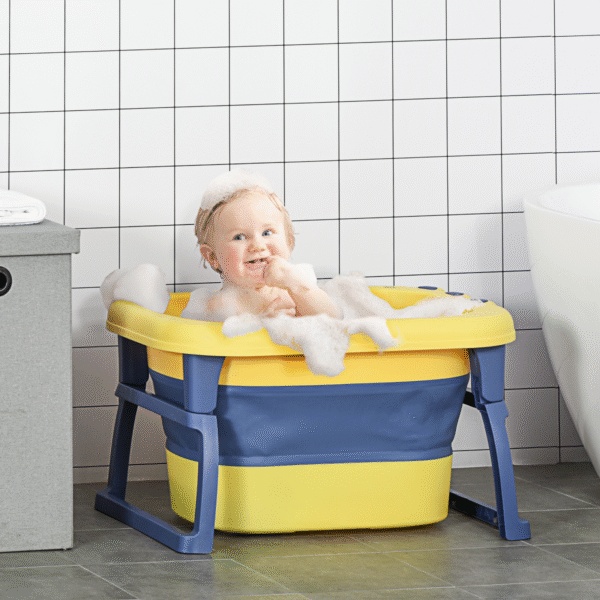 Space-Saving Foldable Baby Bathtub with Stool – Safe & Comfortable for 0-6 Yrs” Description: 2-in-1 Design: Transitions from bath bucket for infants to bathtub for toddlers. Foldable: Compact and easy to store, ideal for limited spaces. Safety First: Non-slip footpads and smooth edges ensure secure bathing. Comfortable: Curved design enhances comfort during bath time. Dimensions: 43H x 75.3L x 55.4Wcm; Capacity: 105L; Max Load: 50KG; Ages 0-6. Assembly required. Baby Free Shipping 7