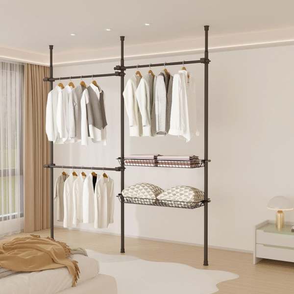Double Black Telescopic Wardrobe Organizer with Adjustable Shelving & Baskets Home & Garden Free Shipping 15