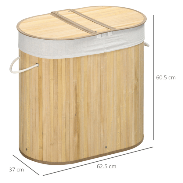 100L Bamboo Laundry Basket with 2 Compartments, Lid & Removable Liner