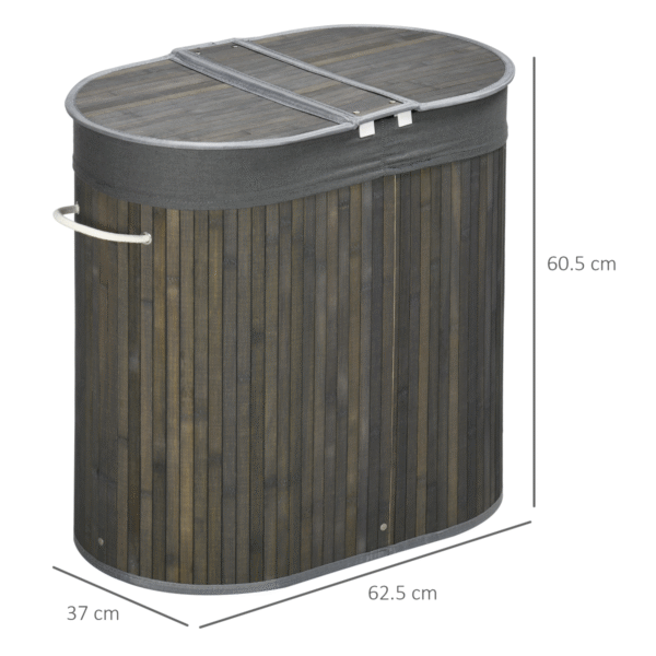 100L Bamboo Laundry Basket with 2 Compartments, Grey, with Lid