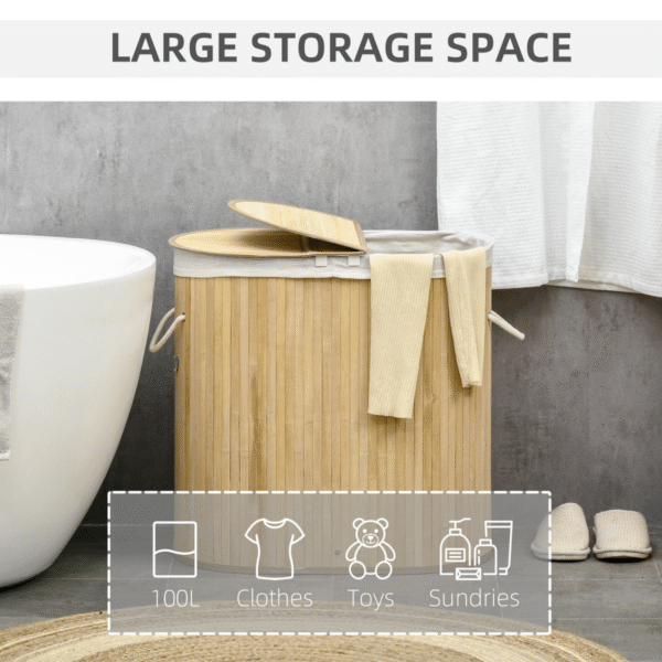 100L Bamboo Laundry Basket with 2 Compartments, Lid & Removable Liner