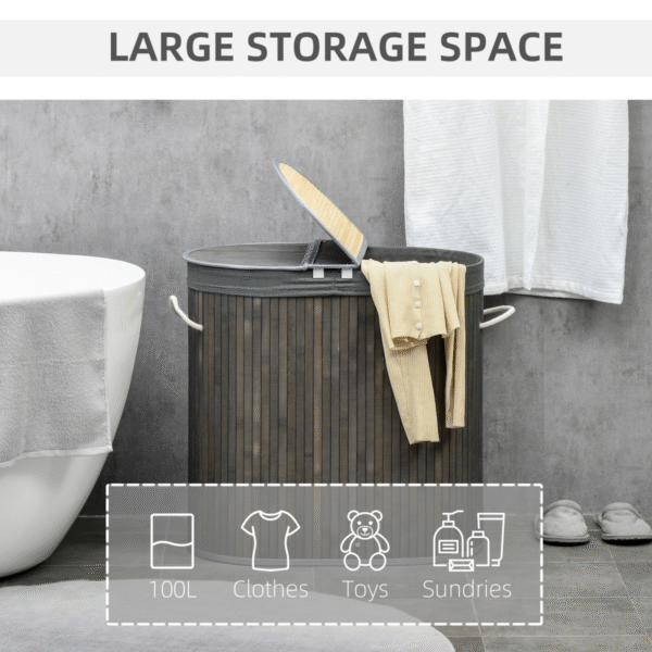 100L Bamboo Laundry Basket with 2 Compartments, Grey, with Lid