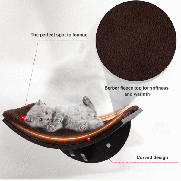 Wood Cat Shelf Shelter: Kitten Bed, Curved Climber & Berber Fleece - Wall-Mount