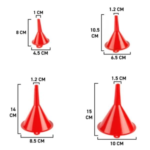 4 Pieces Multi-Function Funnel Set Red Plastic 5 cm, 8 cm, 10 cm, 12 cm Durable Car & Caravan Free Shipping 15