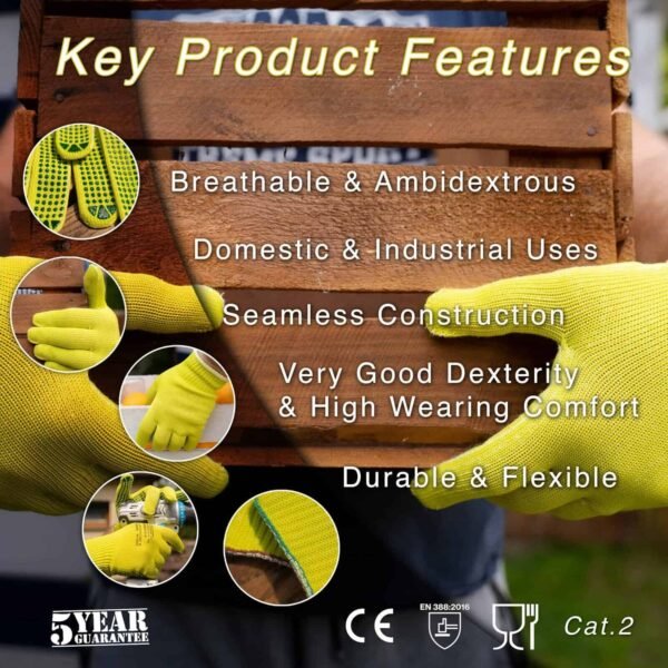 2 Pairs Hi-Vis Work Gloves – PVC Grip Safety Gloves for Warehouse & Construction