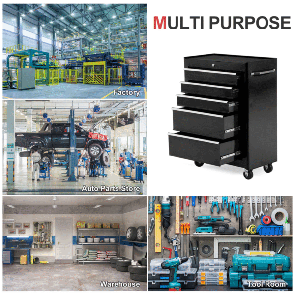 5-Drawer Lockable Steel Tool Storage Cabinet w/ Wheels Handle 2 Keys Black