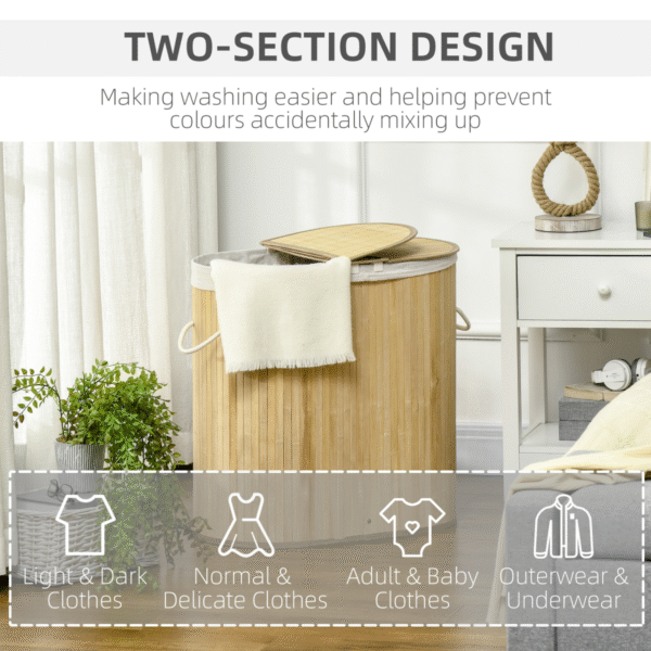 100L Bamboo Laundry Basket with 2 Compartments, Lid & Removable Liner