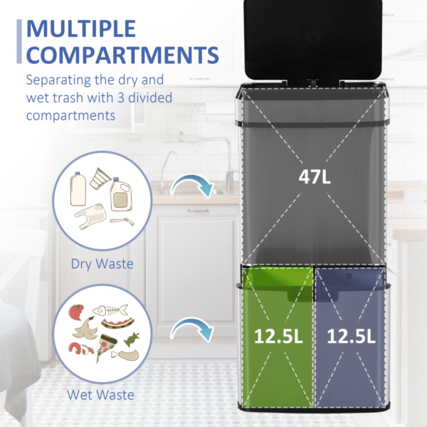 Motion Sensor Rubbish Bin 3-Compartment Stainless Steel Look Removable Lid 72L Home & Garden Free Shipping 15