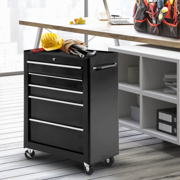 5-Drawer Lockable Steel Tool Storage Cabinet w/ Wheels Handle 2 Keys Black