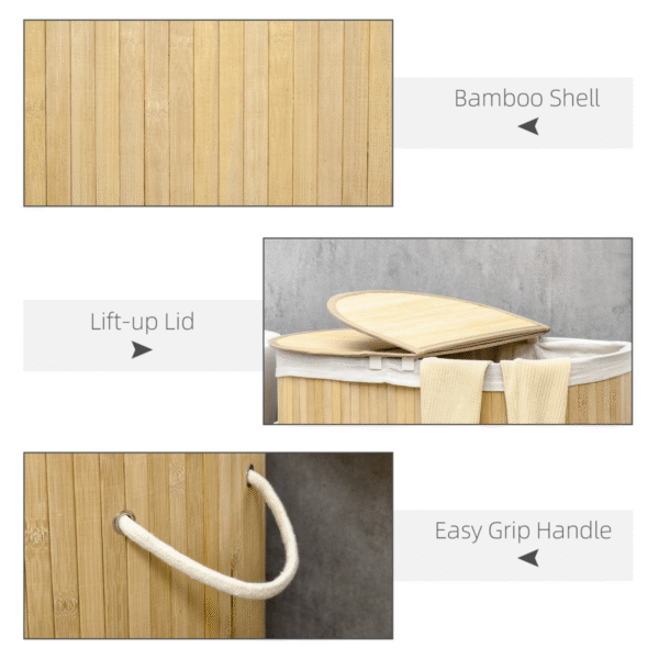 100L Bamboo Laundry Basket with 2 Compartments, Lid & Removable Liner