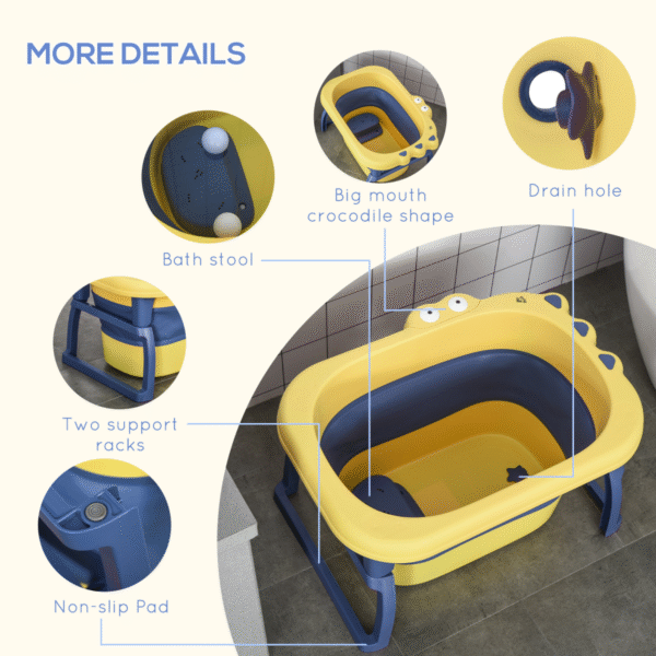 Space-Saving Foldable Baby Bathtub with Stool – Safe & Comfortable for 0-6 Yrs” Description: 2-in-1 Design: Transitions from bath bucket for infants to bathtub for toddlers. Foldable: Compact and easy to store, ideal for limited spaces. Safety First: Non-slip footpads and smooth edges ensure secure bathing. Comfortable: Curved design enhances comfort during bath time. Dimensions: 43H x 75.3L x 55.4Wcm; Capacity: 105L; Max Load: 50KG; Ages 0-6. Assembly required. Baby Free Shipping 19