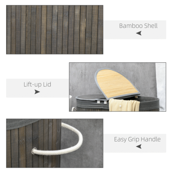 100L Bamboo Laundry Basket with 2 Compartments, Grey, with Lid