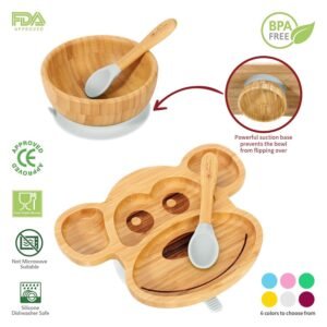 Eco-Friendly Bamboo Monkey Plate, Bowl Spoon Set for Kids Baby Free Shipping