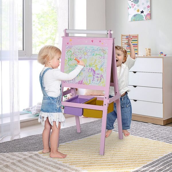 Double-Sided Kids Wooden Art Easel with Paper Roll & Chalkboard Baby Free Shipping 7
