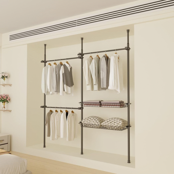 Double Black Telescopic Wardrobe Organizer with Adjustable Shelving & Baskets Home & Garden Free Shipping 17