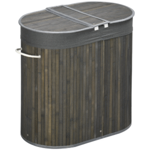 100L Bamboo Laundry Basket with 2 Compartments, Grey, with Lid