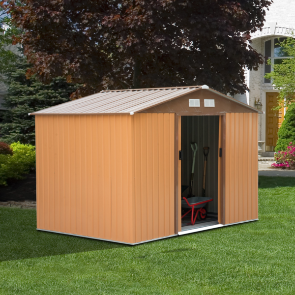 Metal Shed 9x6ft Khaki Garden Storage with Double Sliding Doors Garden Free Shipping 7