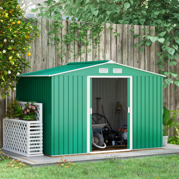 Metal Garden Shed 9×6 ft with Sliding Doors, Green Outdoor Use Garden Free Shipping 7