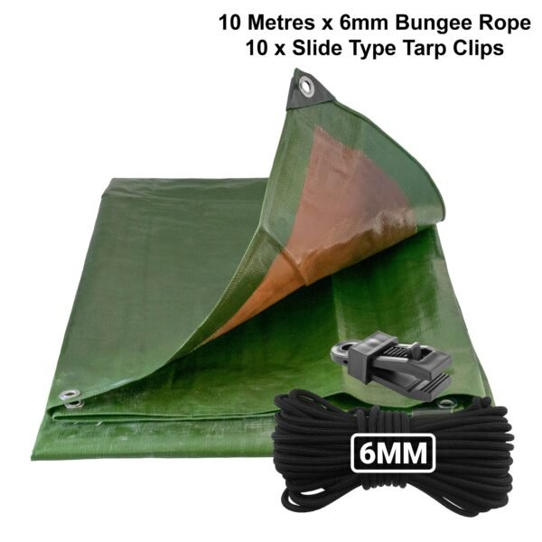 Green/Brown L-Grade Tarpaulin with 10m of 6mm Bungee Rope