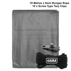 Grey L-Grade Tarpaulin with 10m of 6mm Bungee Rope and 10 x Home & Garden Free Shipping