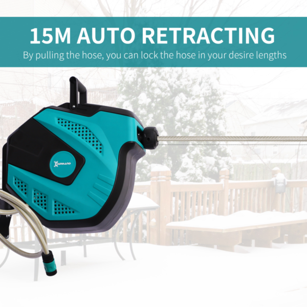 Hose Reel 15m DURHAND Auto-Rewind, 7 Patterns, Black/Green Garden Free Shipping 13