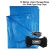 Blue lightweight tarpaulin 6m x 8m with 10m of 6mm bungee rope & 10 tarp clips (slide type) kit new arrivals free shipping