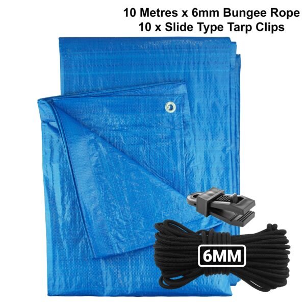 Blue S-Grade Tarpaulin with 10m of 6mm Bungee Rope and 10 x