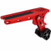 Red aluminium car door step with a textured black platform and adjustable black support blocks for vehicle access.