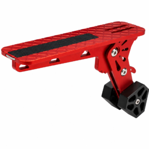 Red aluminium car door step with a textured black platform and adjustable black support blocks for vehicle access.