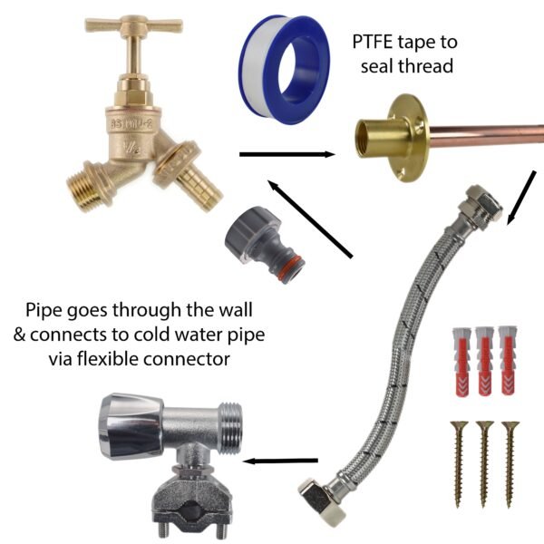 Brass Barbed Bib Tap FULL Connection Kit Home & Garden Free Shipping 7