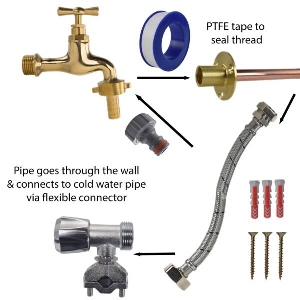 Polished brass 13mm barb tap full connection kit with lime hose connector – heavy duty outdoor garden tap uk garden hose connection set free shipping 2