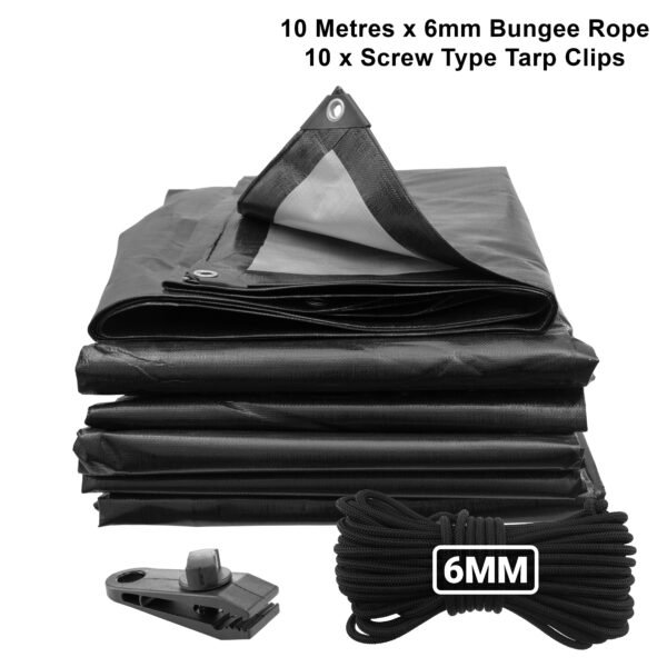 Black/Silver L-Grade Tarpaulin with 10m of 6mm Bungee Rope Home & Garden Free Shipping 5