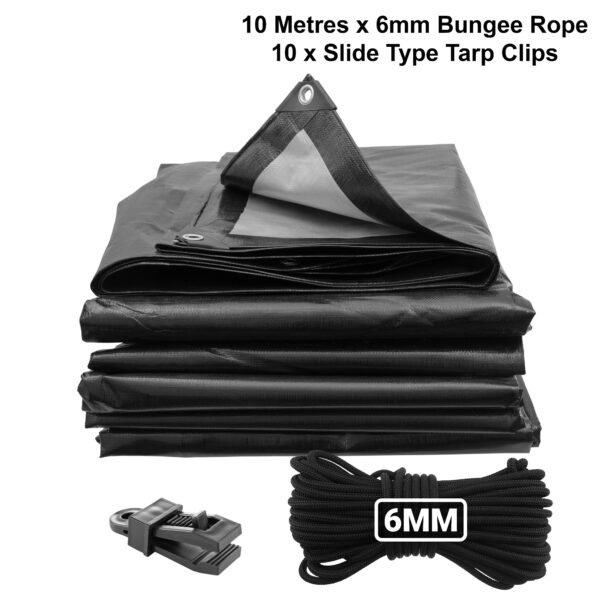 Black/Silver L-Grade Tarpaulin with 10m of 6mm Bungee Rope Home & Garden Free Shipping 5