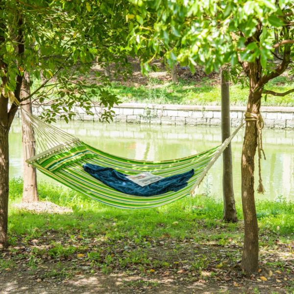 Outdoor Hammock Cotton Swing Bed with Pillow for Patio Deck Relaxed outdoor lounging starts with this double cotton hammock swing bed. Designed for patios, decks and gardens, it accommodates two adults when installed with a suitable stand or anchored securely between trees. The included pillow adds head and neck comfort for long, leisurely afternoons. Key features: – Double design for two adults; weight capacity depends on anchors or stand – 100% cotton fabric for breathable, soft lounging – Includes a pillow for added head and neck support – Suitable for patios, gardens and decks; compatible with standard hammock stands or tree mounts (hardware not included) – Lightweight and portable; easy to set up and store when not in use – Not weatherproof; store indoors or use a protective cover in harsh weather – Model-specific dimensions and weight capacity available in the product specs Lifestyle & Decor Free Shipping 7