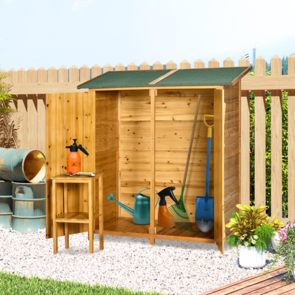 Garden Wood Storage Shed with Asphalt Roof and Tool Table