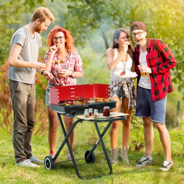 Foldable Charcoal Grill with Wheels - Red & Black, Portable