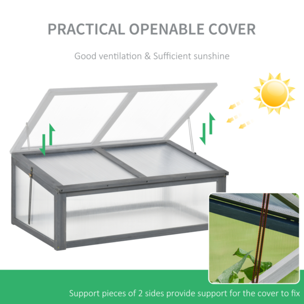 Greenhouse Square Wooden Frame with Openable Tilt Top PC Board A compact, square wooden greenhouse designed for home gardens. The openable tilt-top cover provides easy access and adjustable ventilation to support healthy plant growth. – Square wooden frame with protective finish – Openable tilt-top cover for ventilation and access – PC board panels for light diffusion and durability – Compact footprint fit for small spaces and balconies – Suitable for seedlings, herbs, and small plants – Designed for straightforward assembly Greenhouses & Cold Frames Free Shipping 9
