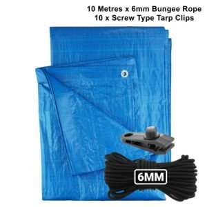 Blue S-Grade Tarpaulin with 10m of 6mm Bungee Rope and 10 x
