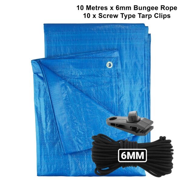 Blue S-Grade Tarpaulin with 10m of 6mm Bungee Rope and 10 x