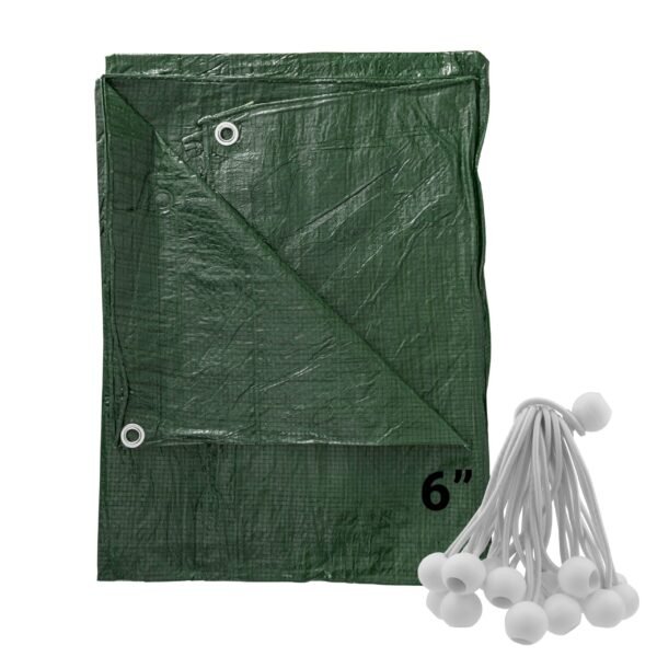 Green S-Grade Tarpaulin with 20 x 6" Bungee Balls (White)