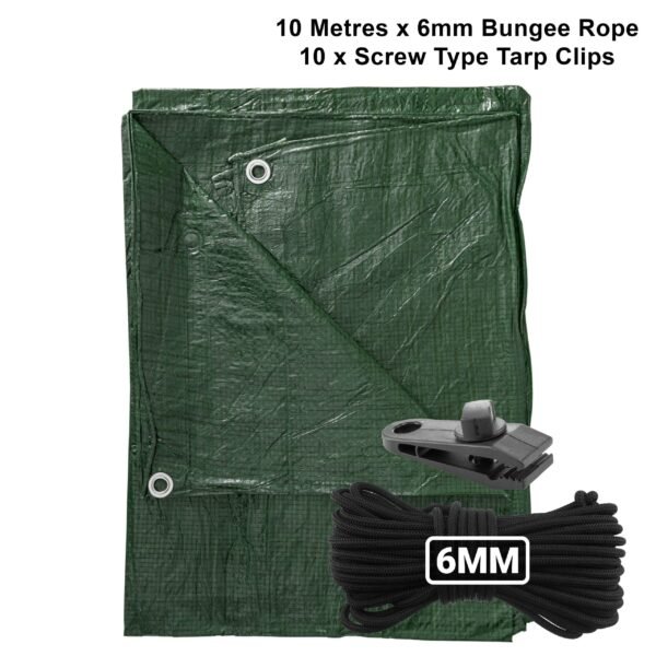Green S-Grade Tarpaulin with 10m of 6mm Bungee Rope and 10 x