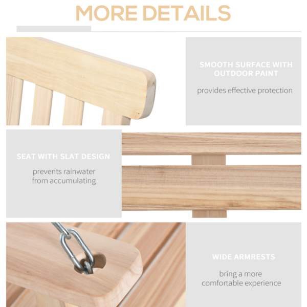 Wooden Porch Swing Chair 2-Seater with Hanging Chains Included Description: Relax anywhere with space for two. This Wooden Porch Swing Chair offers a durable two-seat design, ideal for patios, porches, sunrooms, or garden nooks. Crafted from solid wood with a protective finish, it withstands outdoor use while maintaining a natural look that complements any décor. Key features: – Solid wood frame with weather-resistant finish – Two-person seating for shared comfort – Includes hanging chains and mounting hardware; chains are adjustable – Smooth slatted seat and back for comfortable support – Easy to assemble with common tools – Suitable for indoor porches or outdoor patios Care and maintenance: – Wipe with a damp cloth; avoid harsh cleaners – Re-apply wood protector or oil seasonally to maintain the finish – If left outdoors, shield from extreme weather when possible What’s included: – Wooden bench seat – Hanging chains – Mounting hardware Garden Free Shipping 15