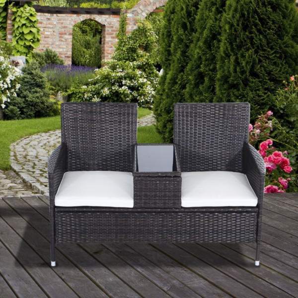 Rattan Garden Bench 2-Seater with Center Table for Patio Description Upgrade your outdoor space with a 2-seater PE rattan garden bench paired with a convenient center table. This compact duo provides comfortable seating for two and a stable surface for drinks, snacks, or decor, making patios, decks, balconies, or gardens more inviting. – Two-seater design fits small patios, balconies, and gardens – Durable PE rattan over a powder-coated steel frame for lasting outdoor resilience – Weather-resistant finish; easy to wipe clean with no special maintenance – Integrated center table provides a handy surface within reach – Lightweight, easy to assemble with included hardware – Cushions sold separately; compatible with standard outdoor cushions for added comfort Deckchairs Free Shipping 17
