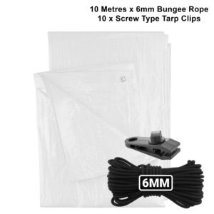 White M-Grade Tarpaulin with 10m of 6mm Bungee Rope and 10 x