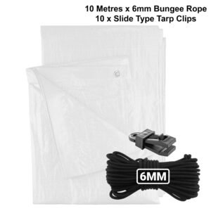 White M-Grade Tarpaulin with 10m of 6mm Bungee Rope and 10 x