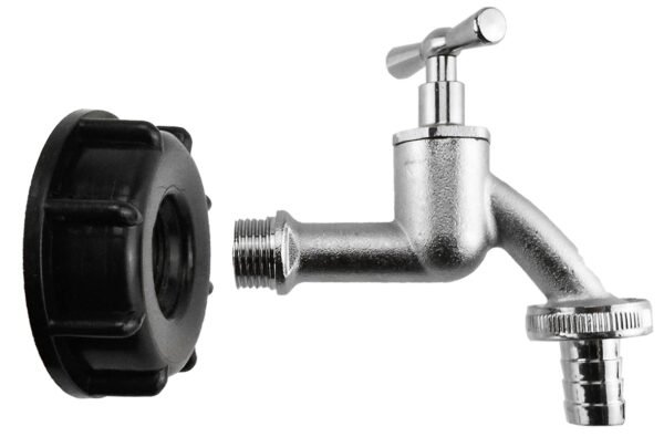 Ibc 2” s60x6 cap with nickle plated bib tap ½” barb – heavy duty pipe & hose fitting uk ibc tanks fittings free shipping 5