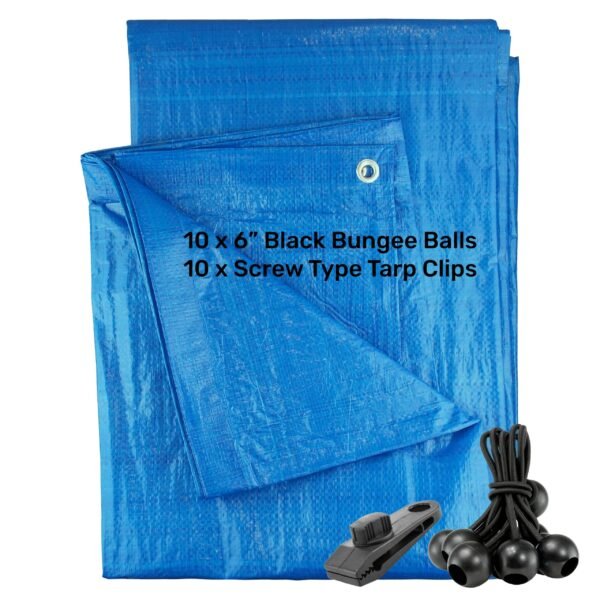 Blue S-Grade Tarpaulin with 10 x 6" Bungee Balls (Black) and