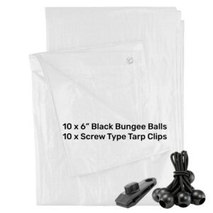 White M-Grade Tarpaulin with 10 x 6" Bungee Balls (Black)