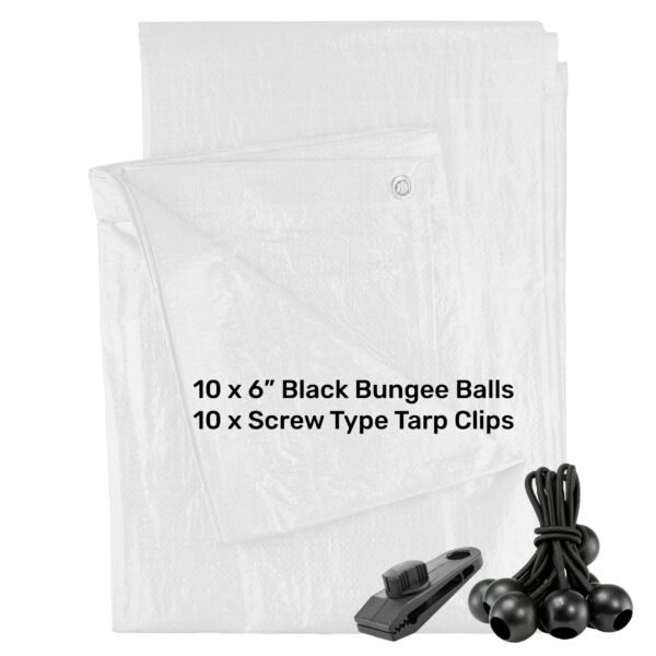 White M-Grade Tarpaulin with 10 x 6" Bungee Balls (Black)